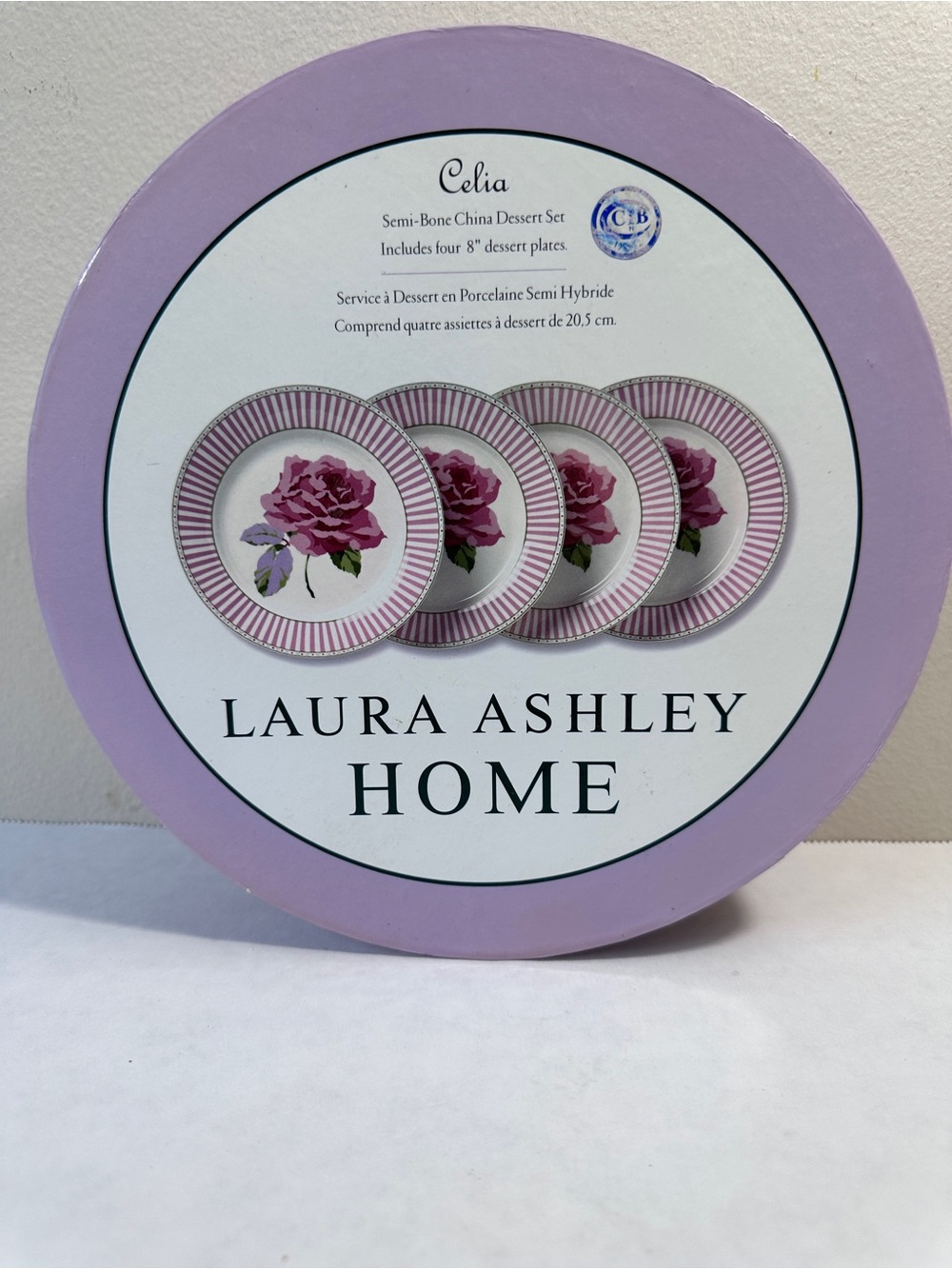 Laura Ashley Celia Dessert Plates Set of 4 Pink Rose Striped 8” China Vintage